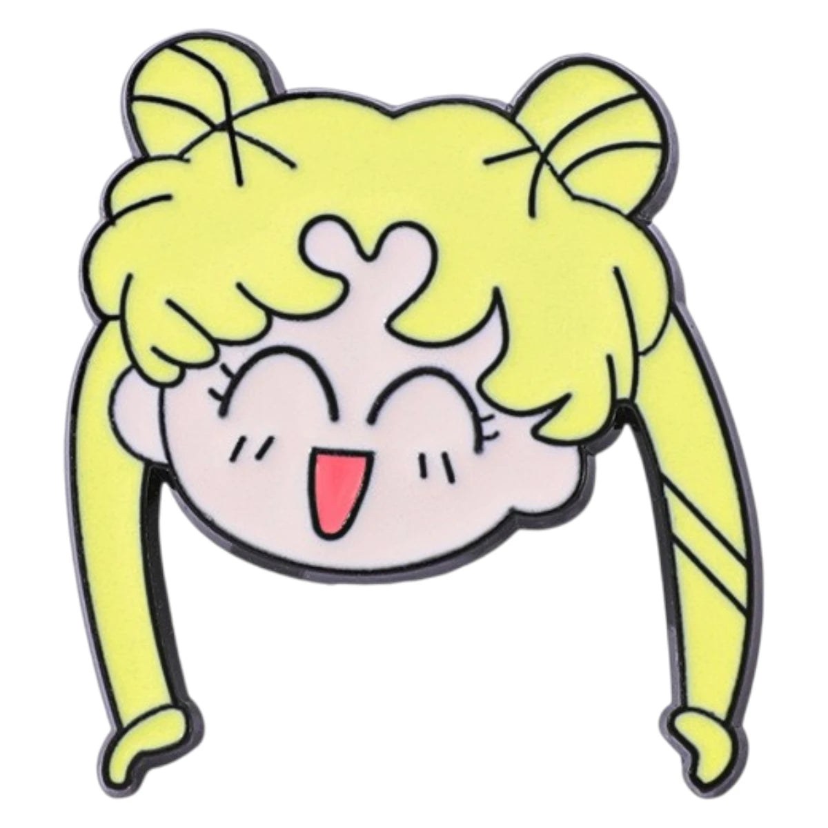 A cartoon enamel pin of a cheerful anime girl with yellow hair, twin buns, and a pink face, outlined in black on a white background.