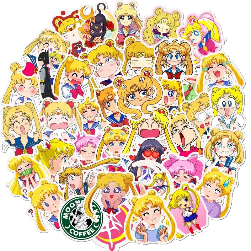 Collection of Sailor Moon stickers arranged in a circular pattern with a Starbucks logo.