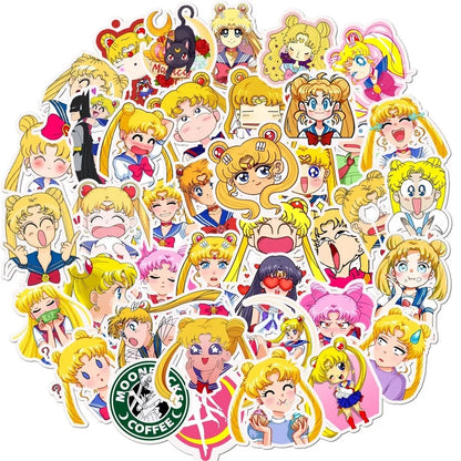 Collection of Sailor Moon stickers arranged in a circular pattern with a Starbucks logo.