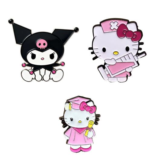 Three cartoon enamel phone stickers from SANRIO on a plain white background: Kuromi in black with pink accents, Hello Kitty as a nurse in pink, and Hello Kitty as a doctor in pink with a gold stethoscope.