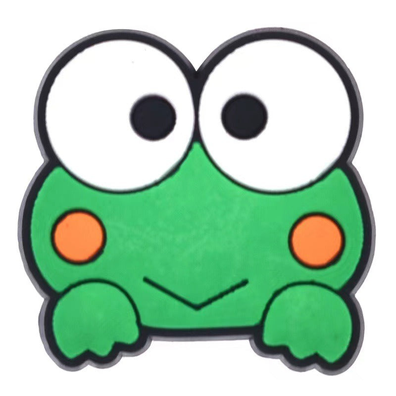Cartoon frog character with large eyes and orange spots on a white background