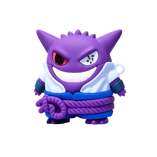 Purple cartoon character with red eyes and a white shirt on a white background representing sasuke crossed over with gengar