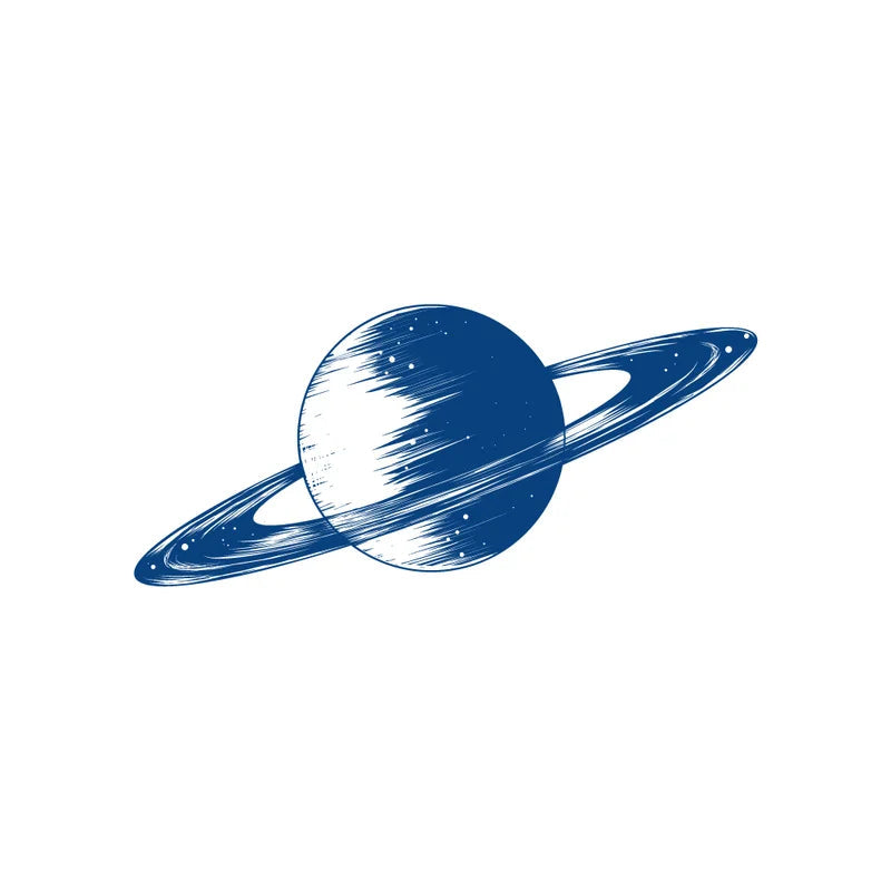 Blue Saturn-like planet with rings on a white background