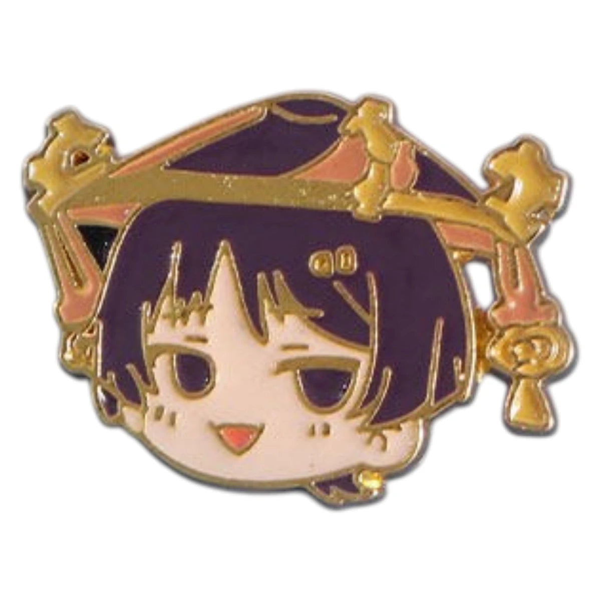 A chibi anime-style enamel pin featuring a character with short dark purple hair, a pink face, and a gold crown, shown on a plain white background.