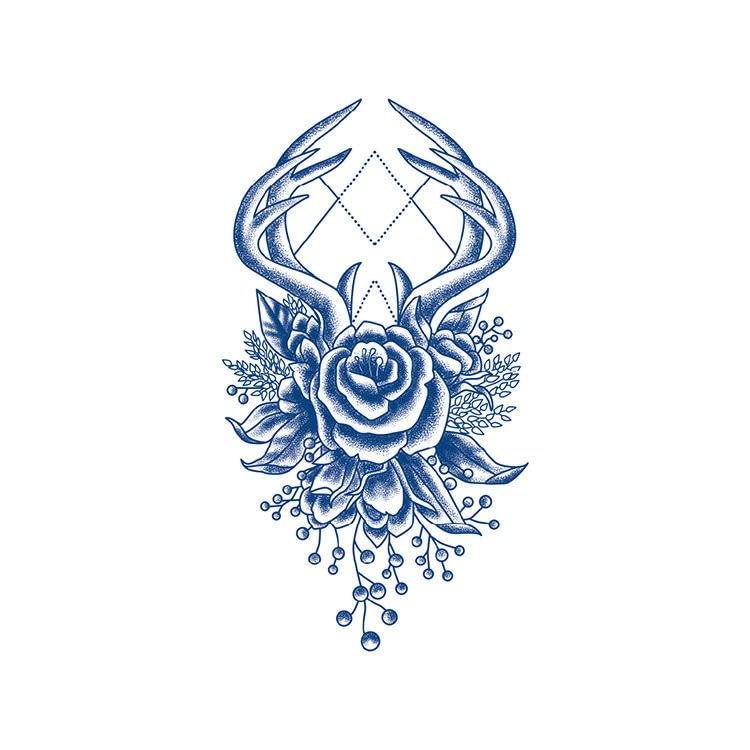 white background with rose and antlers tattoo design on
