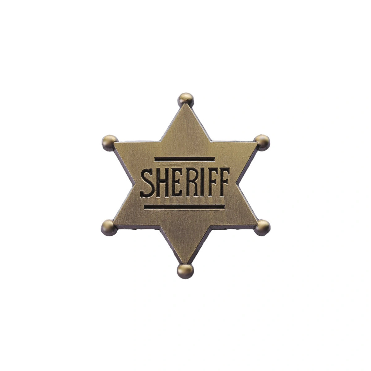 A vintage-style six-pointed star sheriff badge with a metallic antique bronze finish and the word 'SHERIFF' engraved in the center, isolated on a white background.