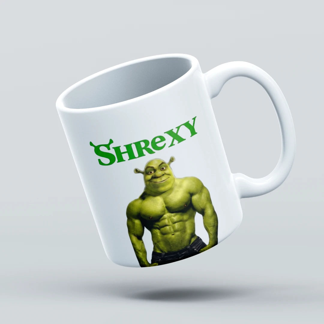 shrexy muscle shrek mug design on a white background