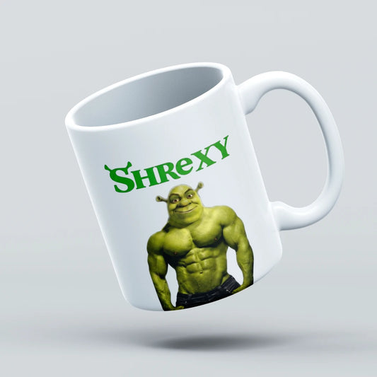 shrexy muscle shrek mug design on a white background