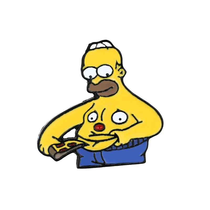 Cartoon character with a yellow face and blue pants on a white background