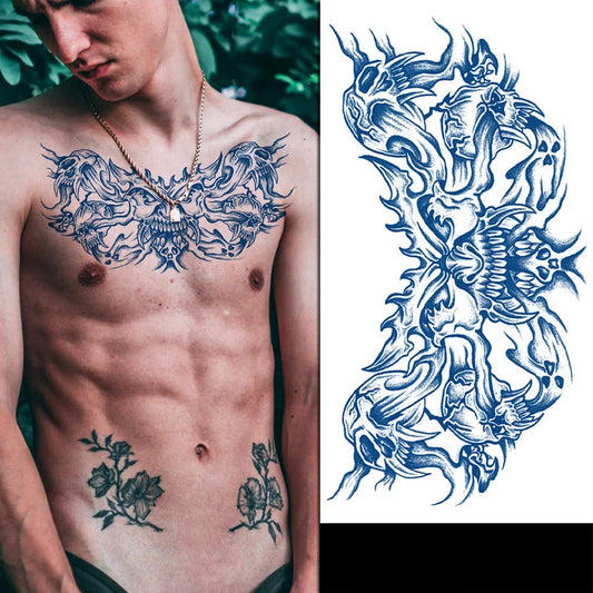 Man with a demon tattoo on his chest with a close-up of the tattoo design on the right