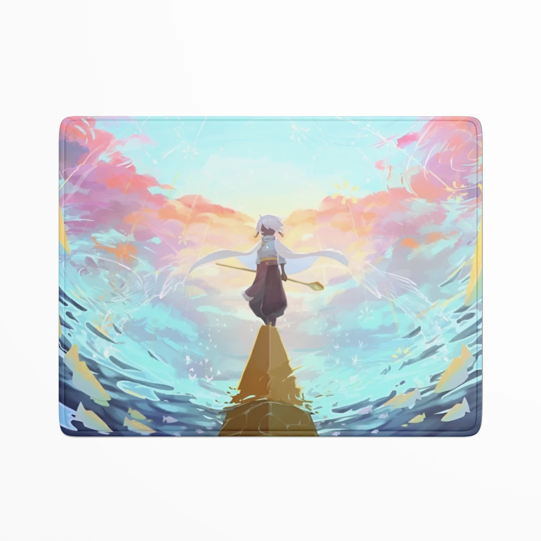 Laptop skin with an anime-style design of a character on a mountain with colorful abstract background