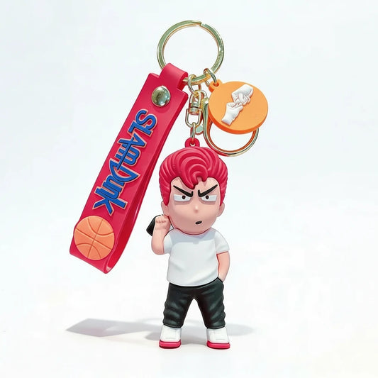 Keychain with character figure and colorful tag on a white background