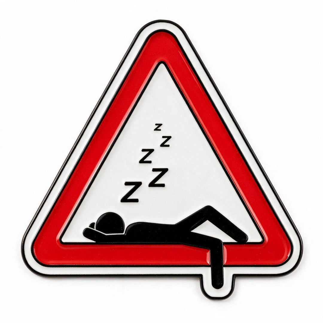 A triangular warning sign phone stickerrs with a red border, white center, black sleeping figure, and stacked 'Z' letters above, shown on a plain white background.