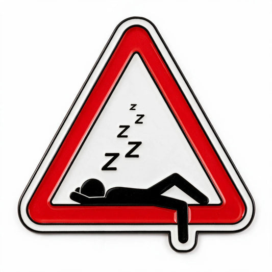 A triangular warning sign phone stickerrs with a red border, white center, black sleeping figure, and stacked 'Z' letters above, shown on a plain white background.