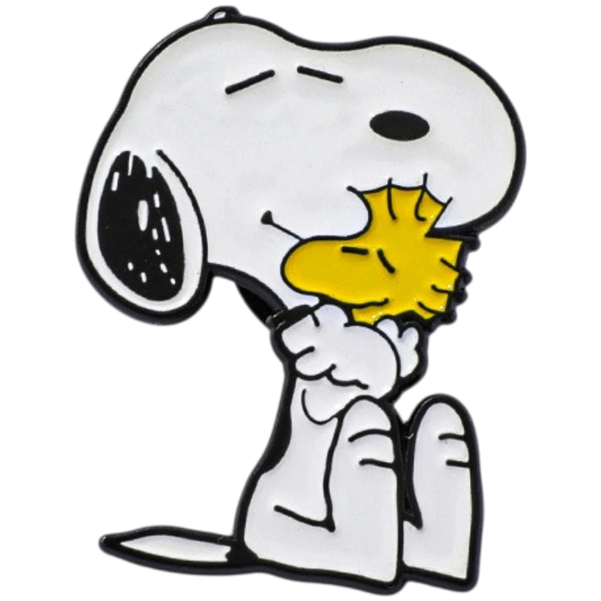 A cartoon enamel pin of Snoopy and Woodstock, featuring Snoopy in his classic white and black outline sitting and holding a yellow Woodstock.