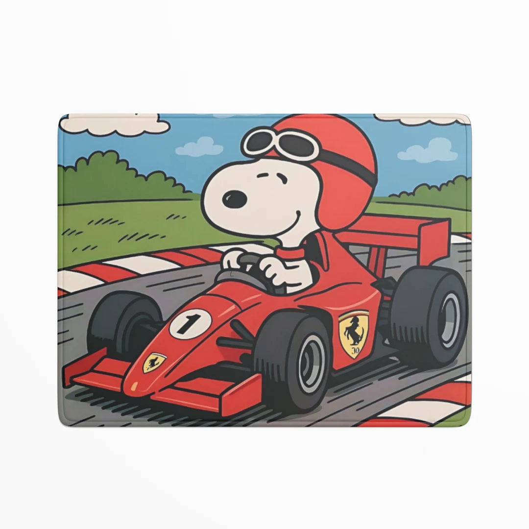 Cartoon character driving a red race car on a racetrack with a blue sky and green landscape.