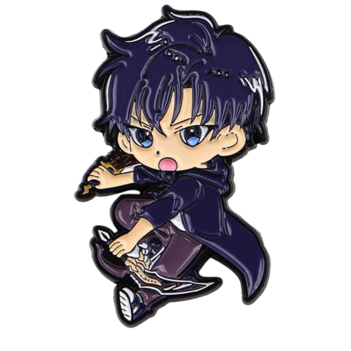 A chibi-style anime character enamel pin featuring a dark-haired character in a navy cloak holding a sword, shown on a plain white background.