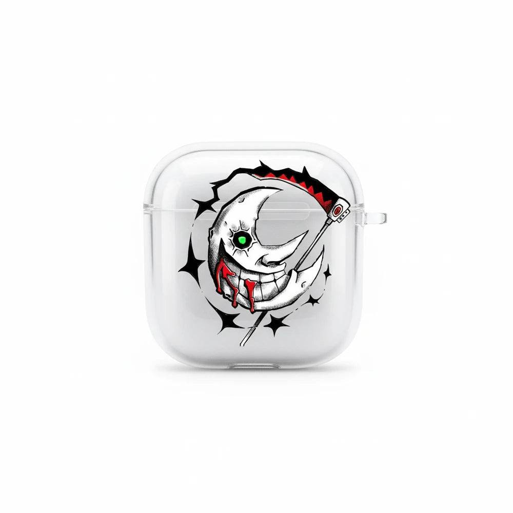 White case with a black and red design featuring a face and stars on a white background