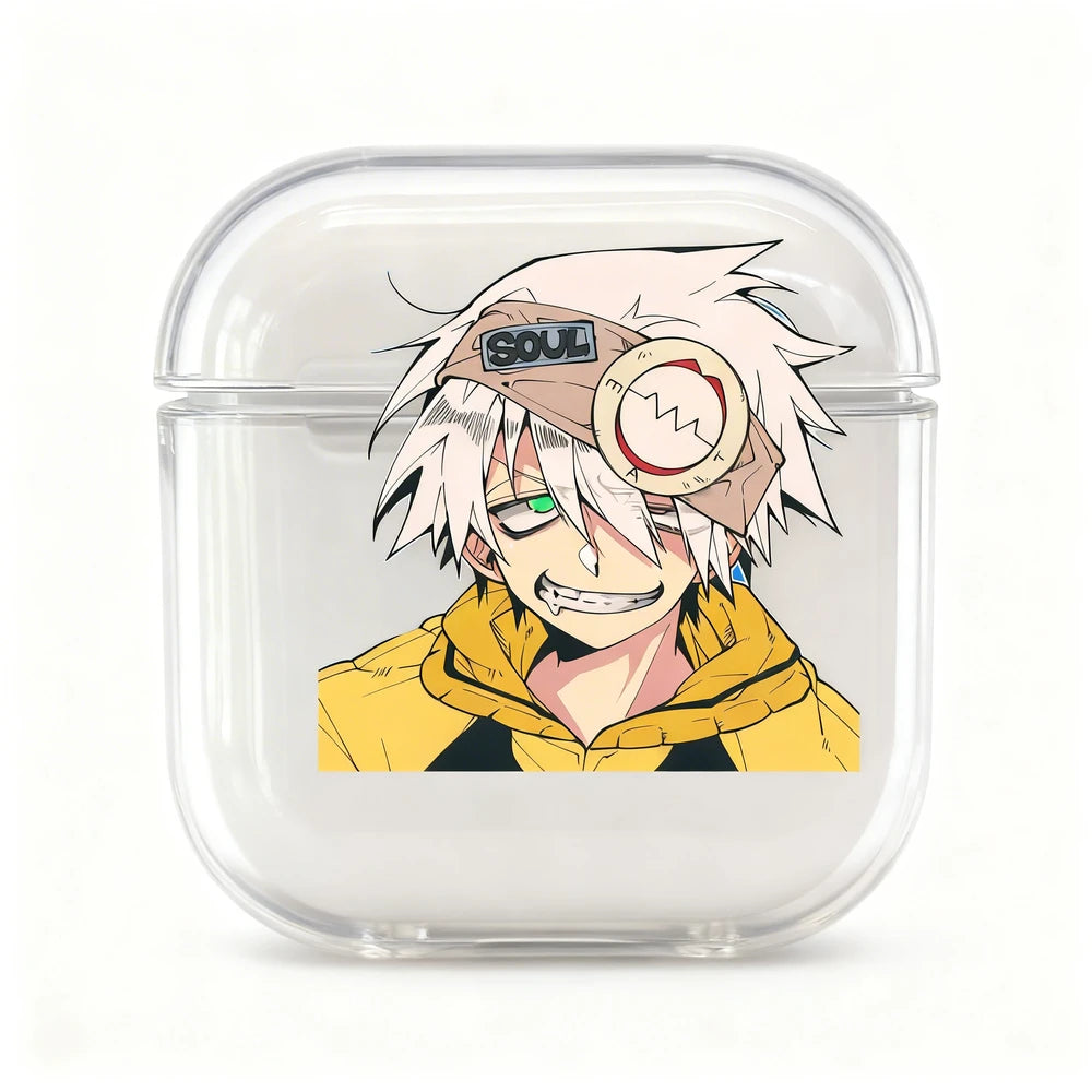 Clear air pod case with an anime character design on a white background