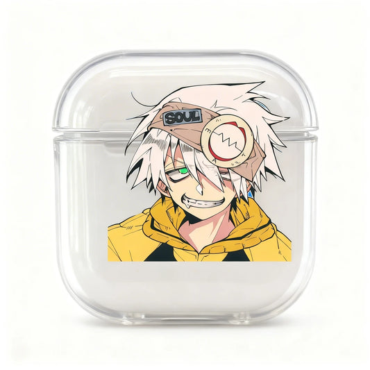 Clear air pod case with an anime character design on a white background