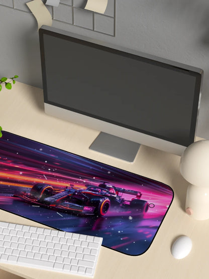 Desk setup with a computer monitor, keyboard, and mouse on a desk with a large mouse pad featuring a racing car design.