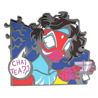 A colorful enamel pin featuring a stylized character with dark hair, a red spiderweb mask, and a speech bubble that reads 'CHAI TEA??', set against a blue puzzle-piece-shaped background with gray outlines.