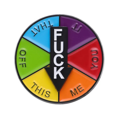 Colorful wheel with various phrases on a white background