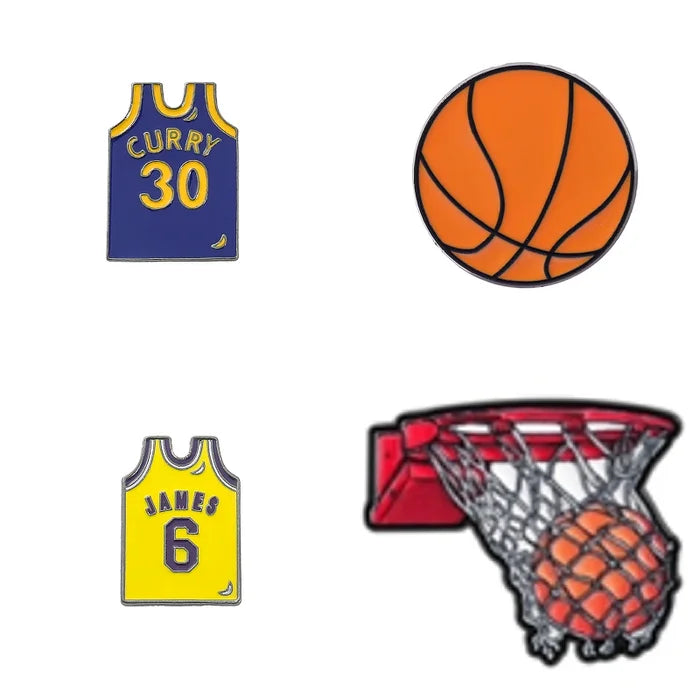 Set of basketball-themed pins including jerseys, a ball, and a hoop on a white background