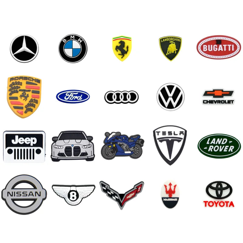 Collection of various car brand logos croc charms on a white background