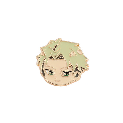 A small anime-style character head enamel pin with pale green hair, green eyes, and a gold-tone outline on a plain white background.