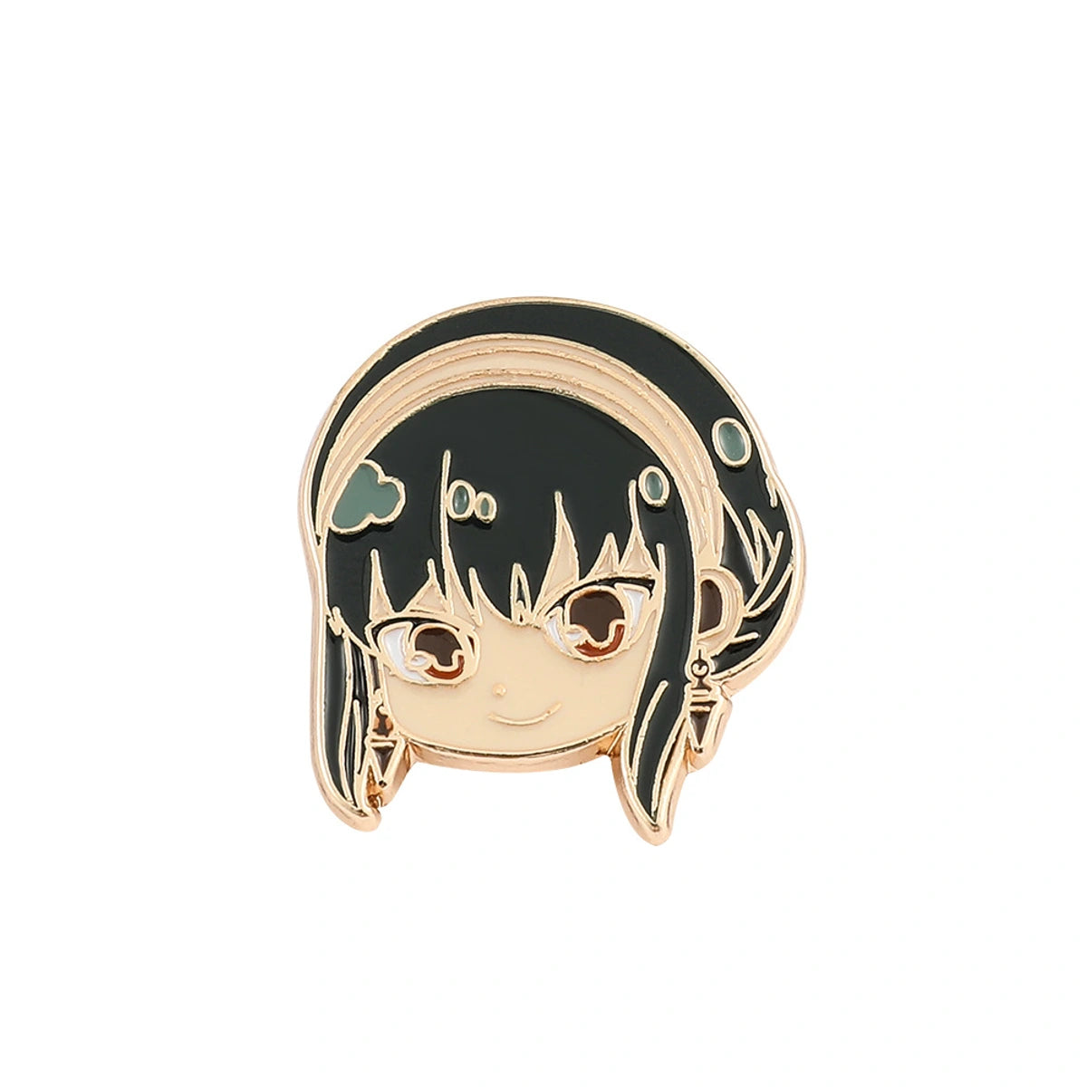 An anime-style enamel pin featuring a character with black hair, brown eyes, and a gold-tone metal outline on a plain white background.