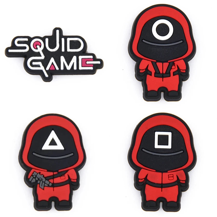Three cartoon characters in red and black outfits with 'Squid Game' logo above them on a white background.
