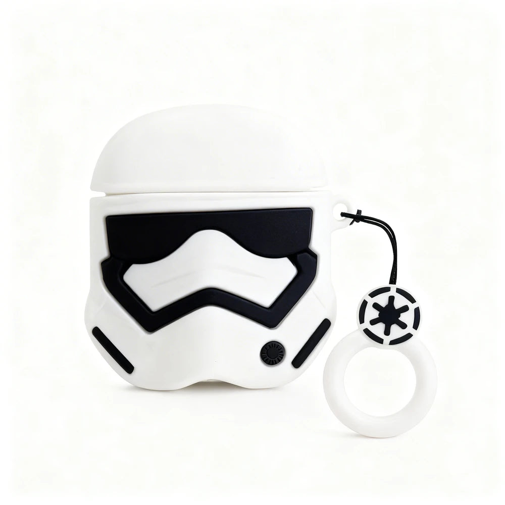 White stormtrooper helmet-shaped air pod case with black accents on a white background