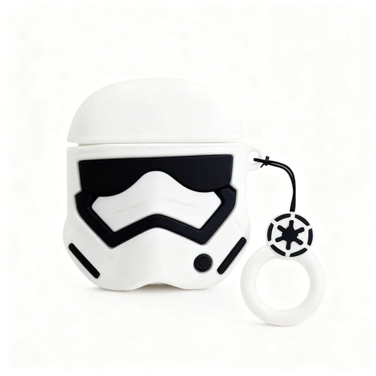 White stormtrooper helmet-shaped air pod case with black accents on a white background