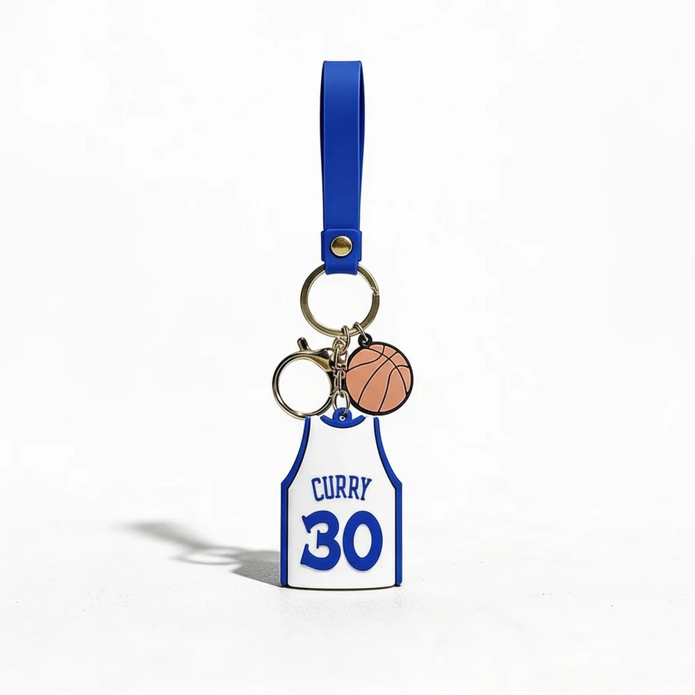 Keychain with basketball jersey and ball design on a white background