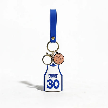 Keychain with basketball jersey and ball design on a white background