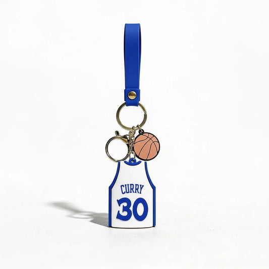 Keychain with basketball jersey and ball design on a white background