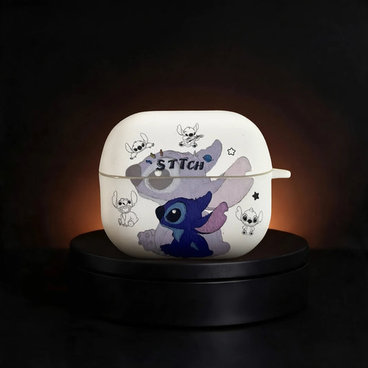 A white Galaxy Buds 3 and Buds 3 Pro case featuring a cartoon Stitch design, displayed on a black circular pedestal against a dark background.