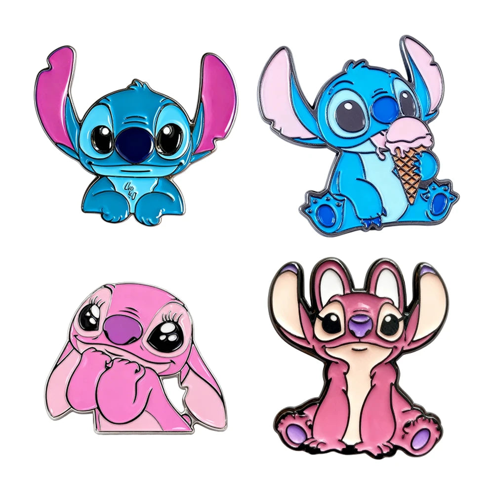Four colorful enamel pins of a cartoon character on a white background