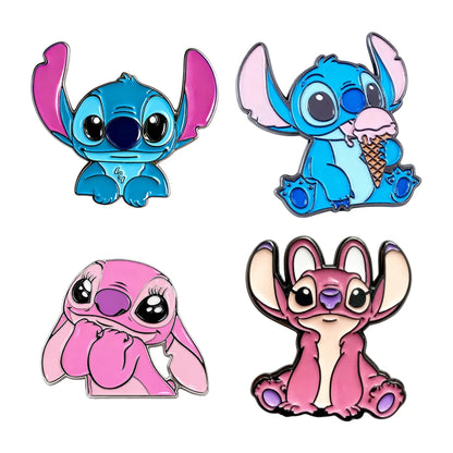 Four colorful enamel pins of a cartoon character on a white background