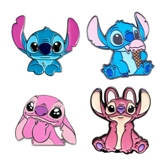 Four colorful enamel pins of a cartoon character on a white background