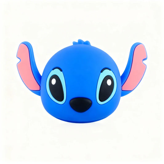 Blue cartoon character with pink ears on a white background