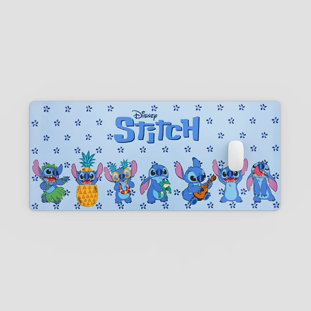 computer mouse on a mousepad with various cartoon characters on a blue background