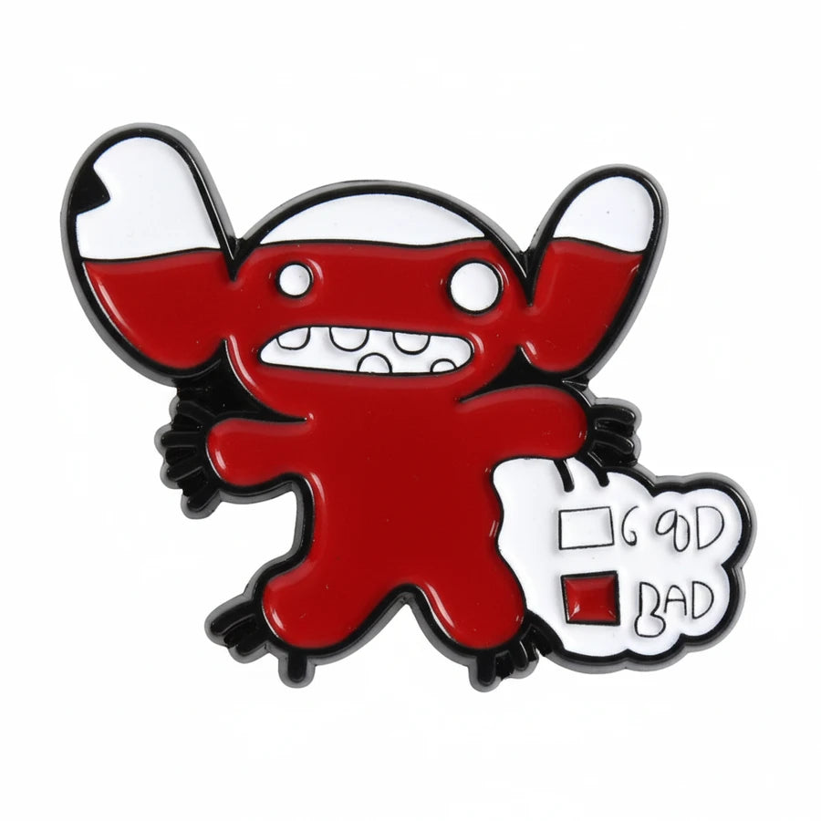 stitch good and bad red enamel pin