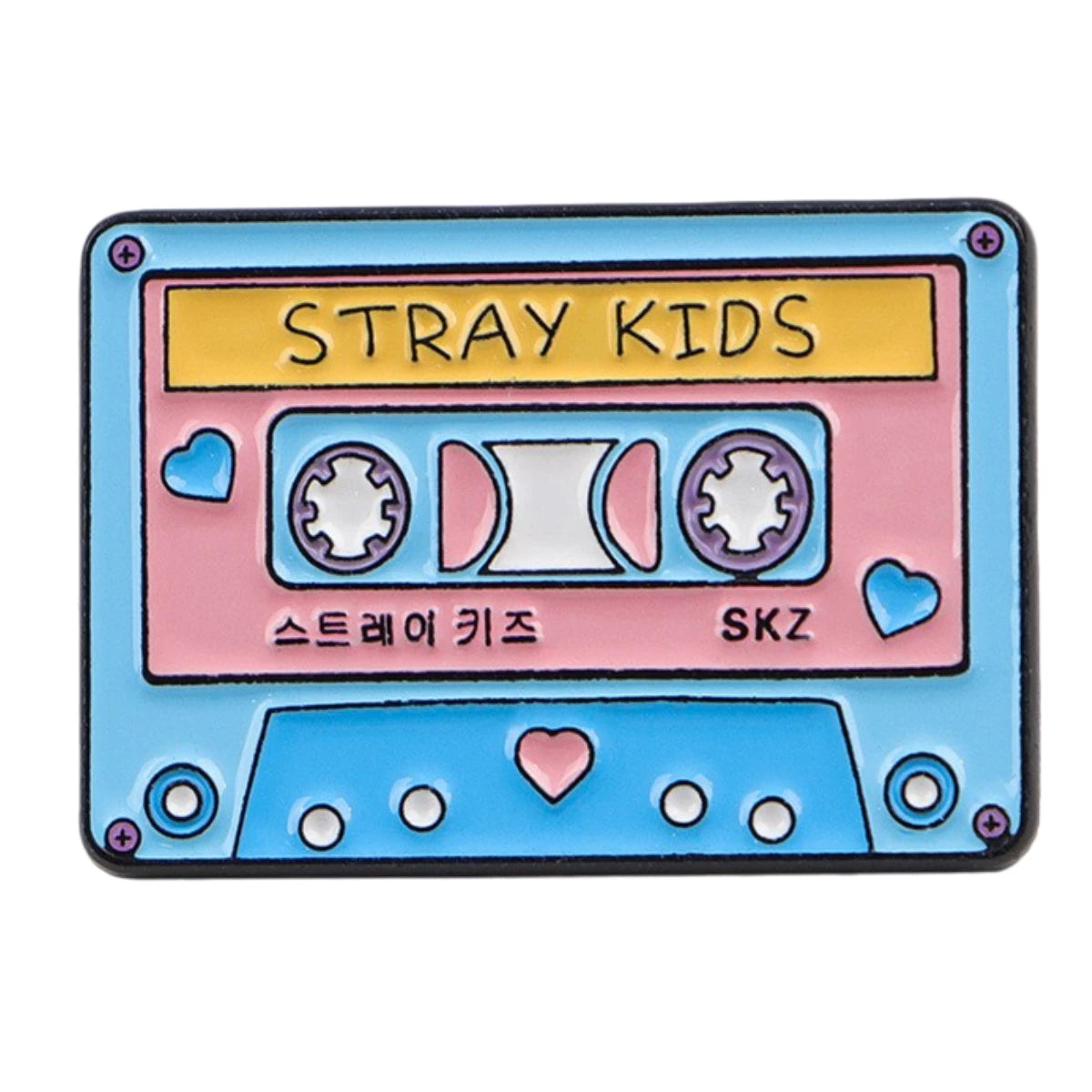A cassette tape-shaped enamel pin featuring the text 'STRAY KIDS' and 'SKZ' on a light blue and pink background with small heart accents.