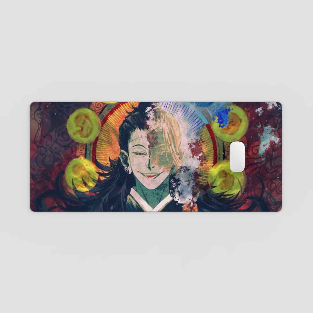 computer mouse with artistic design of a man's face and colorful abstract elements mousepad on a light gray background