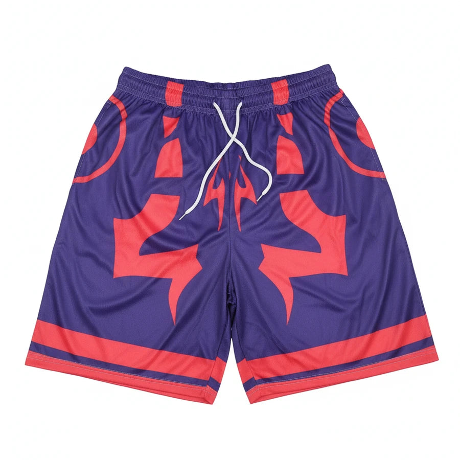 Blue shorts with red patterns on a white background