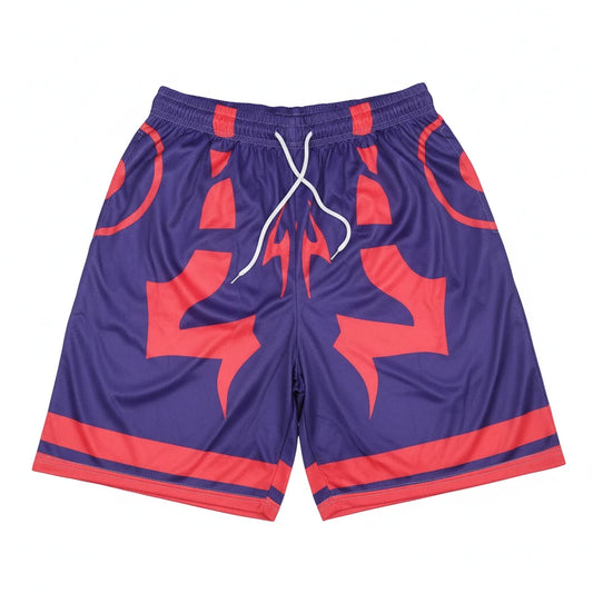 Blue shorts with red patterns on a white background