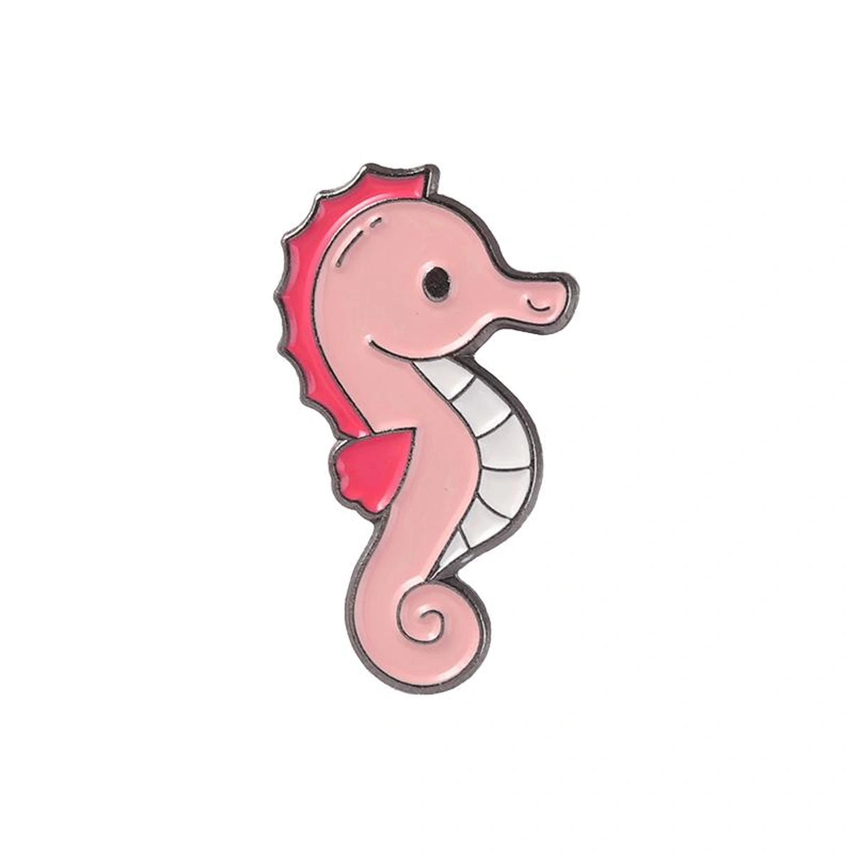 Pink seahorse-shaped enamel pin on a white background