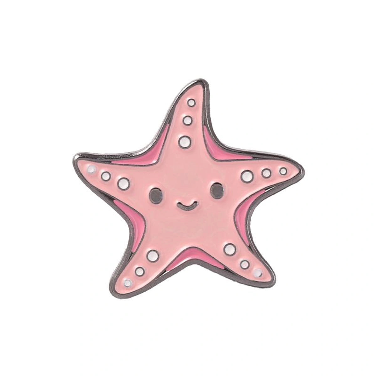 A pink starfish-shaped enamel pin with a cute smiling face, outlined in silver metal and decorated with small white dots, shown on a plain white background.